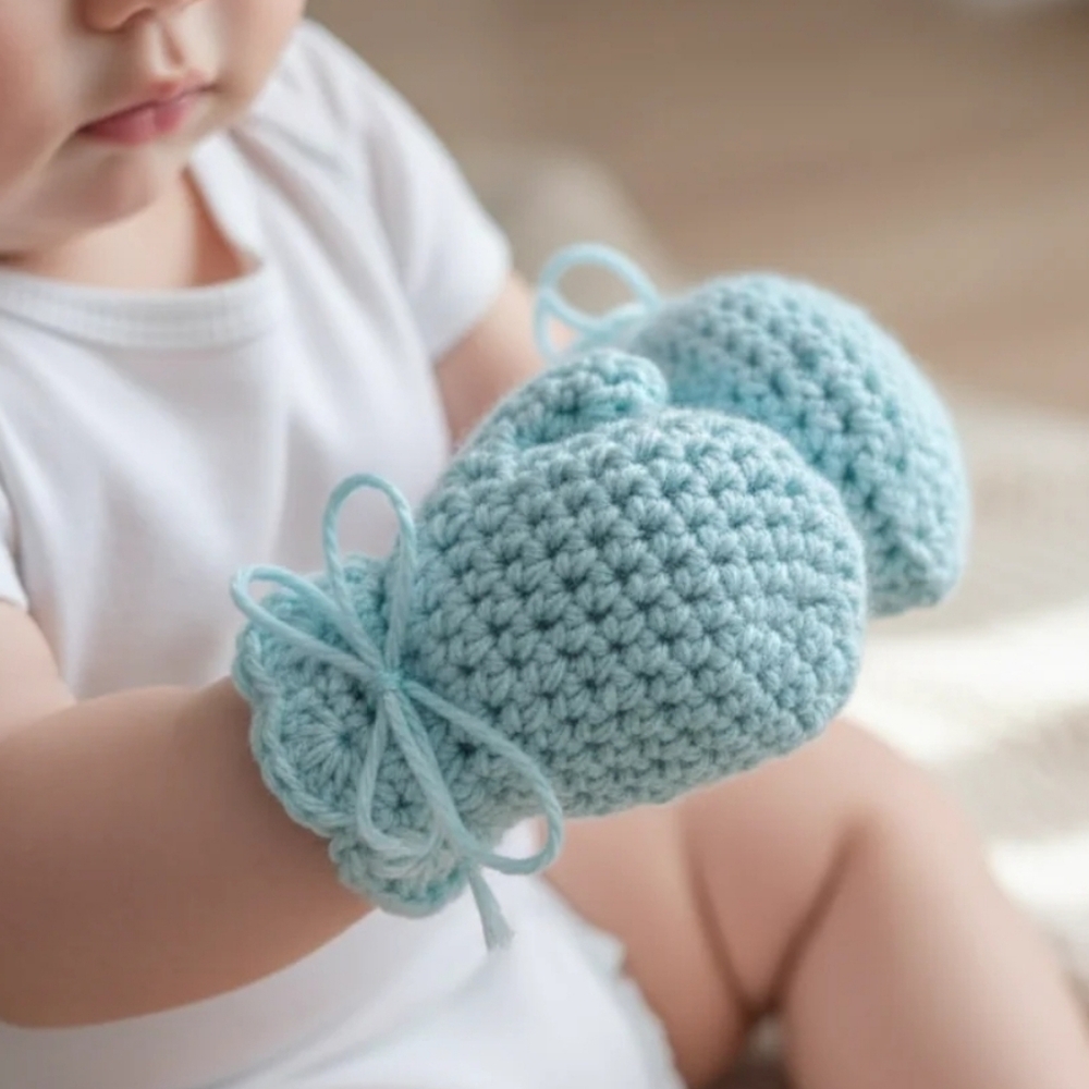 Blue Baby Scratch Mittens, Newborn Mittens, Crochet Mittens, Baby Shower Gift